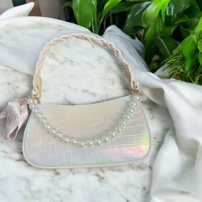 Nash Grey Andie Crocodile Iridescent Handbag With Pearl Chain And Chic Bow In White