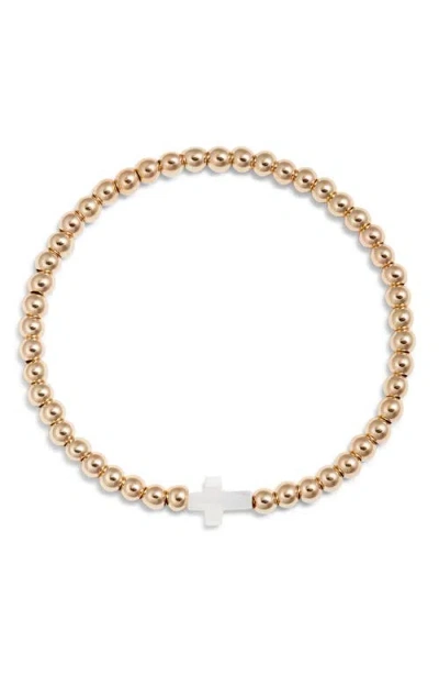 Nashelle Cross Charm Bead Stretch Bracelet In Gold Fill