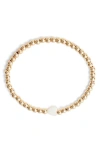 Nashelle Mother-of-pearl Heart Charm Beaded Stretch Bracelet In Gold Fill