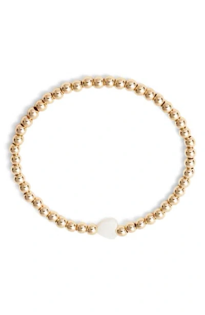 Nashelle Mother-of-pearl Heart Charm Beaded Stretch Bracelet In Gold
