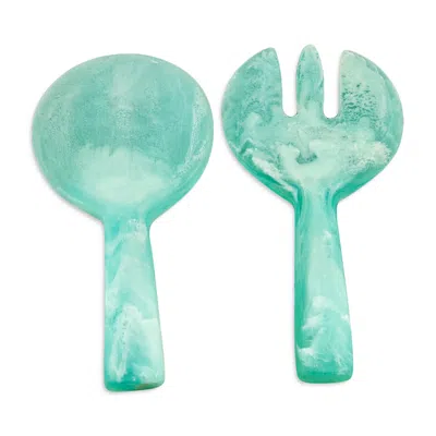 Nashi Short Handle Salad Serving Set In Aqua Swirl