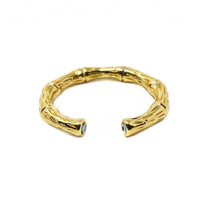 NASI SILVER WOMEN'S ADJUSTABLE BAMBOO STACKING RING- BLUE TOPAZ- GOLD