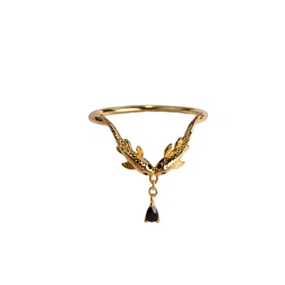 Nasi Silver Women's Black Two Wishes Wishbone Ring- Onyx, Gold