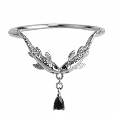 Nasi Silver Women's Black Two Wishes Wishbone Ring- Onyx, Silver