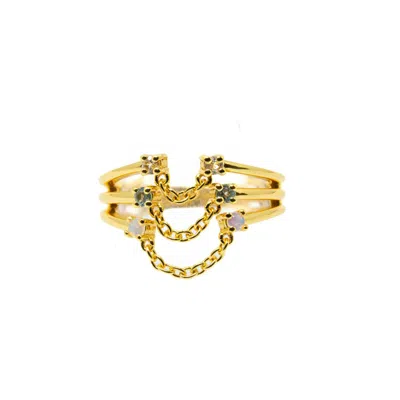 NASI SILVER WOMEN'S BLUE / WHITE FARZANA TRIPLE CHAIN RING WHITE TOPAZ- BLUE TOPAZ- OPAL- GOLD