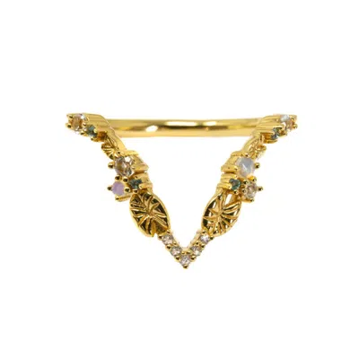 Nasi Silver Women's Blue / White Lilypad Wishbone Ring - Blue Topaz- Opal- White Topaz- Gold In Multi