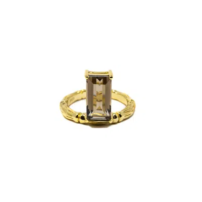 Nasi Silver Women's Brown Floating Bamboo Baguette Gemstone Ring- Smokey Quartz, Gold In Burgundy
