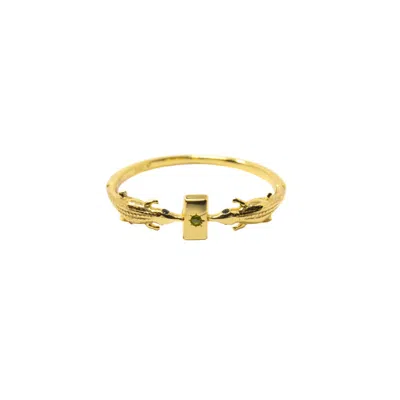 Nasi Silver Women's Green Dainty Crocs Gold Ring- Chrome Diopside & Black Spinel
