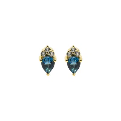 Nasi Silver Women's Pear Drop Atarah Studs- Blue Topaz & White Topaz, Gold