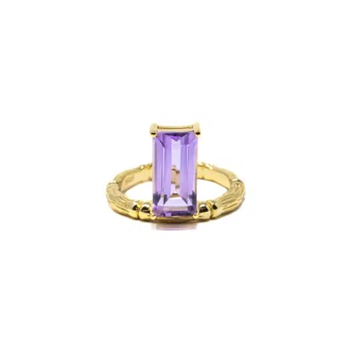 Nasi Silver Women's Purple Floating Bamboo Baguette Gemstone Ring- Amethyst, Gold