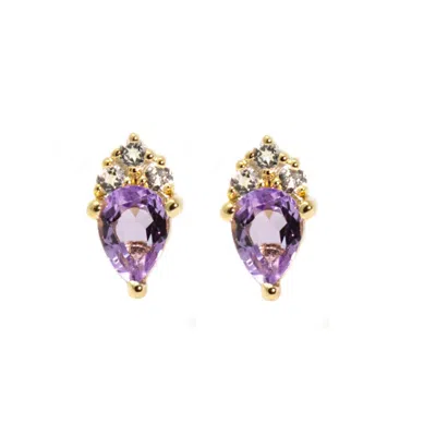 Nasi Silver Women's Purple Pear Atarah Studs- Amethyst & White Topaz, Gold