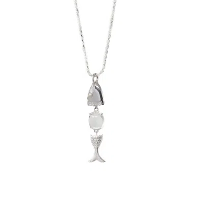 Nasi Silver Women's Swimming Fish Neshama Pendant- White Topaz & Freshwater Pearl, Silver In Metallic