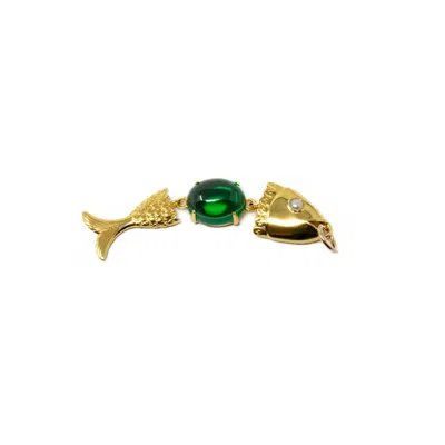 Nasi Silver Women's Swimming Neshama Fish Pendant- Green Spinel & Freshwater Pearl- Gold