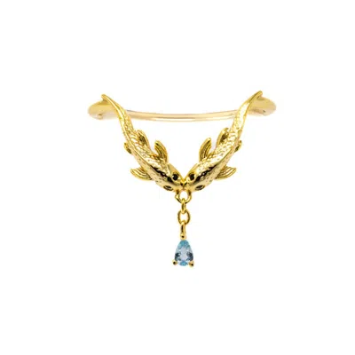 Nasi Silver Women's Two Wishes Wishbone Ring- Blue Topaz- Gold