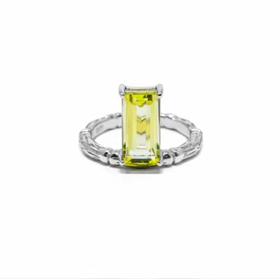 Nasi Silver Women's Yellow / Green Floating Bamboo Baguette Gemstone Ring- Lemon Quartz, Silver In Multi