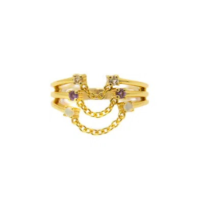 Nasi Silver Women's Yellow / White Farzana Triple Chain Ring- White Topaz- Amethyst- Opal- Gold