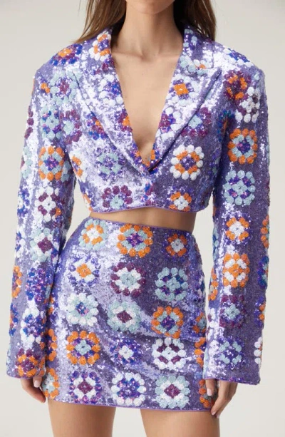 Nasty Gal '70s Floral Sequin Crop Blazer In Purple