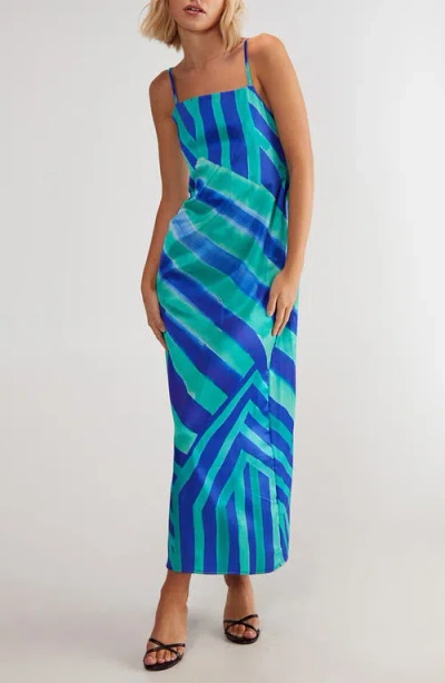 Nasty Gal Abstract Stripe Tie Back Satin Maxi Dress In Blue