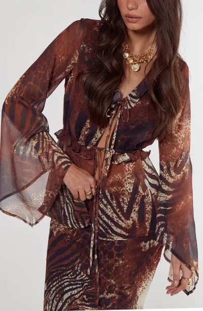Nasty Gal Animal Print Crinkle Chiffon Top In Tan