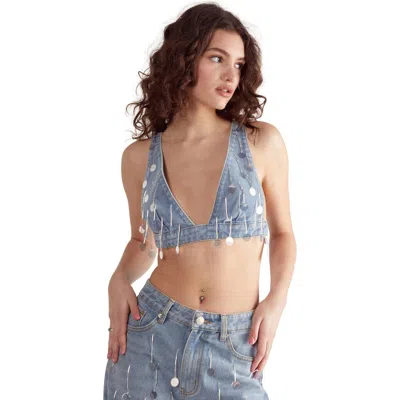 Nasty Gal Bead Embellished Denim Bralet In Blue