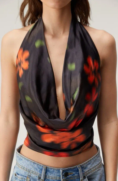 Nasty Gal Blurred Floral Plunge Cowl Neck Satin Halter Top In Black Multi