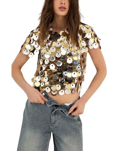 Nasty Gal Chainmail Disc Short Sleeve Top In Gold