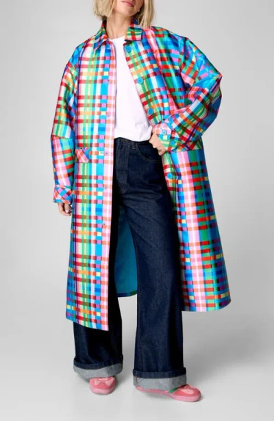 Nasty Gal Check Longline Satin Coat In Blue Multi