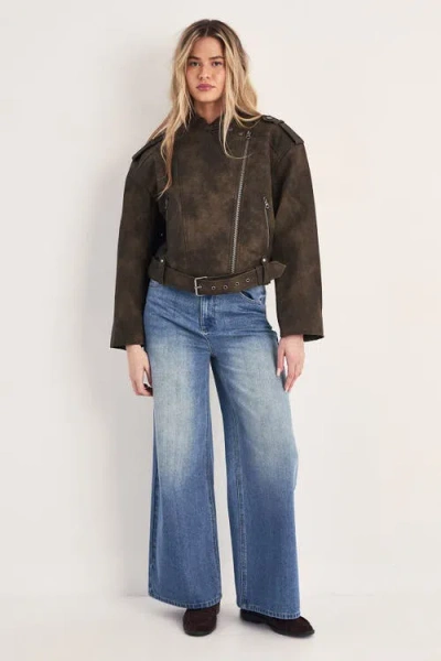 Nasty Gal Cropped Biker Jacket In Green