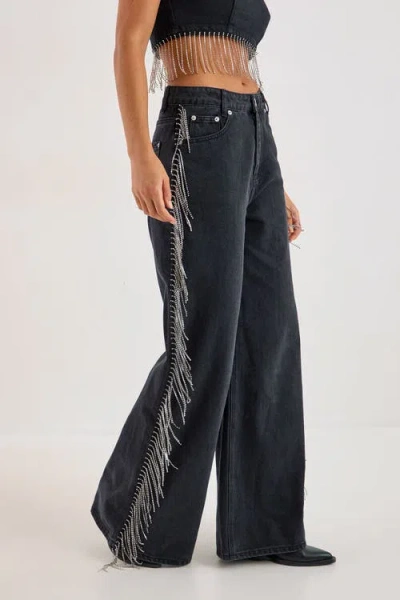Nasty Gal Denim Diamonte Tassel Straight Leg Jeans In Black