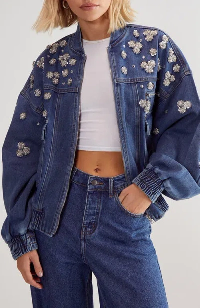 Nasty Gal Embellished Flower Appliqué Oversize Denim Bomber Jacket In Authentic Denim