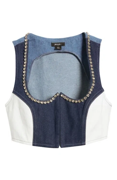 Nasty Gal Embellished Trim Colorblock Denim Crop Top In Blue Multi