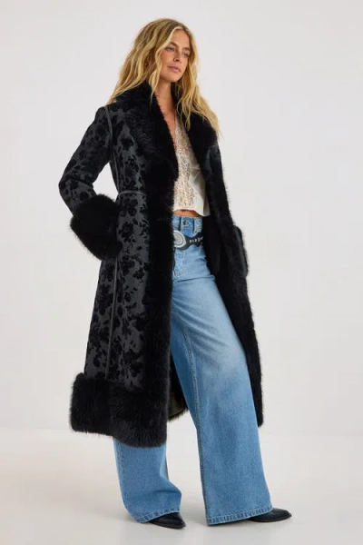 Nasty Gal Faux Fur Floral Jacquard Coat In Black