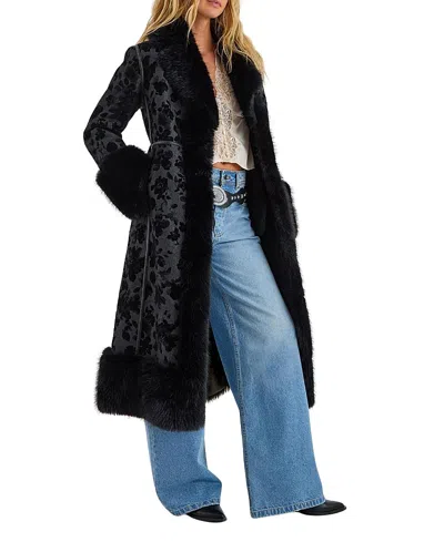 Nasty Gal Faux Fur Floral Jacquard Coat In Black