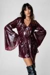 Nasty Gal Flared Sleeve Tie Front Mini Dress In Burgundy