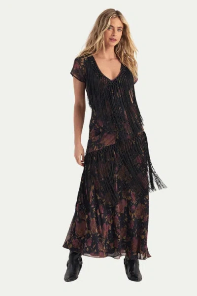 Nasty Gal Floral Chiffon Fringe Maxi Dress In Black