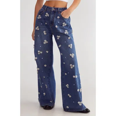 Nasty Gal Floral Embellished Wide Leg Jeans In Authentic Denim