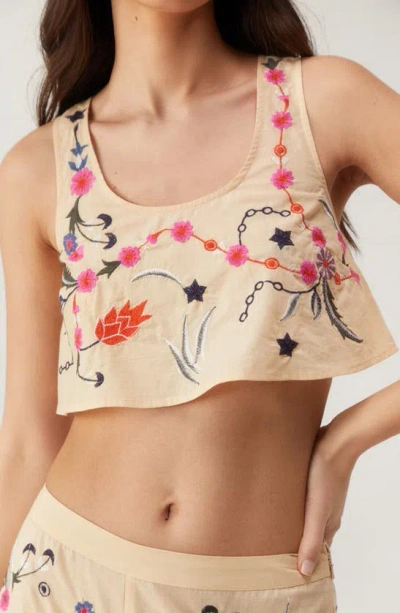 Nasty Gal Floral Embroidered Cotton Crop Tank In Ecru