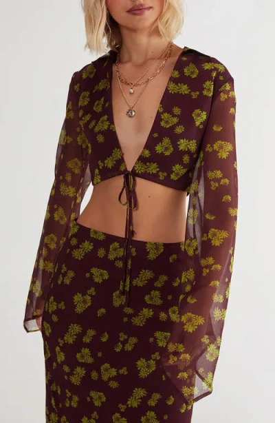 Nasty Gal Floral Tie Front Chiffon Crop Top In Chocolate