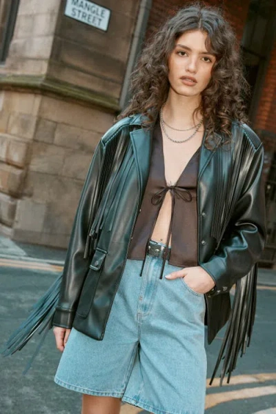 Nasty Gal Fringe Faux Leather Belted Jacket In Black
