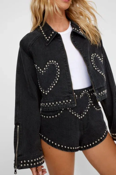 Nasty Gal Heart Studded Cropped Denim Jacket In Black