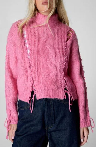 Nasty Gal Lace-up Turtleneck Cable Sweater In Pink