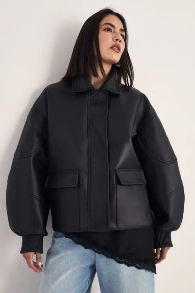 Nasty Gal Longline Faux Leather Bomber Jacket In Black