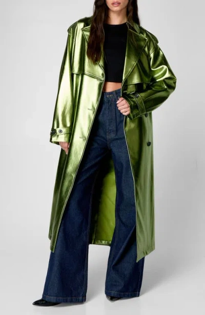 Nasty Gal Metallic Belted Double Breasted Faux Leather Trench Coat In Green