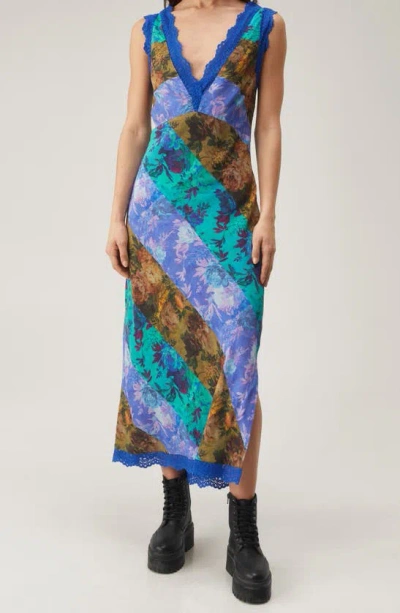 Nasty Gal Mixed Floral Print Lace Trim Midi Dress In Blue