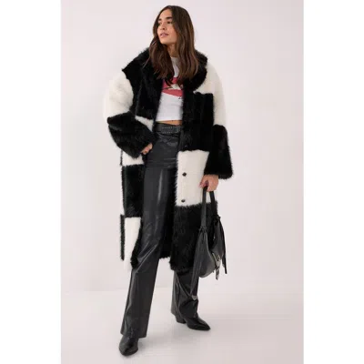 Nasty Gal Mono Check Faux Fur Coat In Black