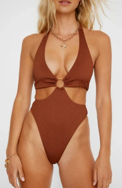 Nasty Gal O-ring Textured One-piece Swimsuit In Chocolate