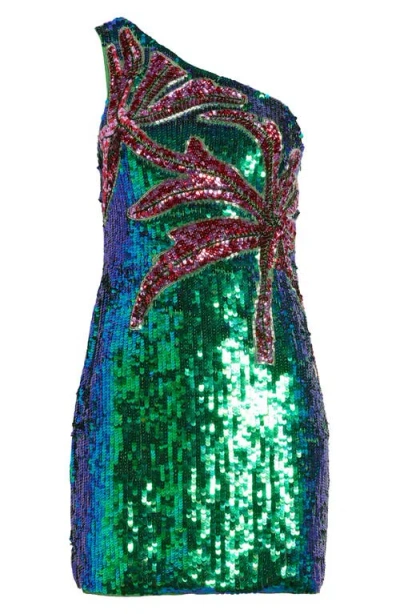 Nasty Gal Palm Sequin One-shoulder Minidress In Green