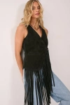 Nasty Gal Premium Suede Fringe Waistcoat In Black