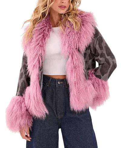 Nasty Gal Printed Shearling Leather Jacket In Pink