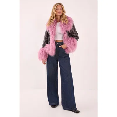 Nasty Gal Printed Shearling Leather Jacket In Multi